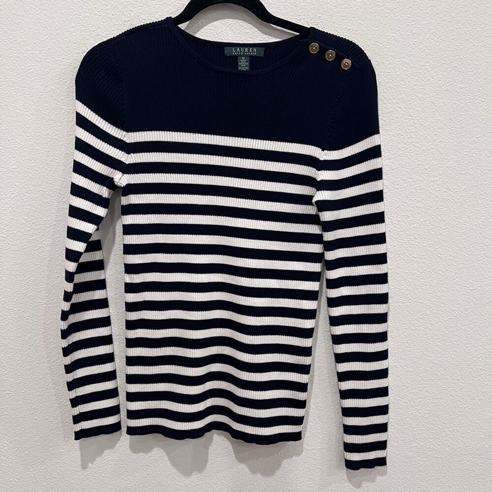 Lauren Ralph Lauren Striped Blue Pullover Sweater Womens Medium Preppy Academia